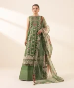 Unstitched 3Pc Embroidered Green Organza Dress by Sapphire - Image 7