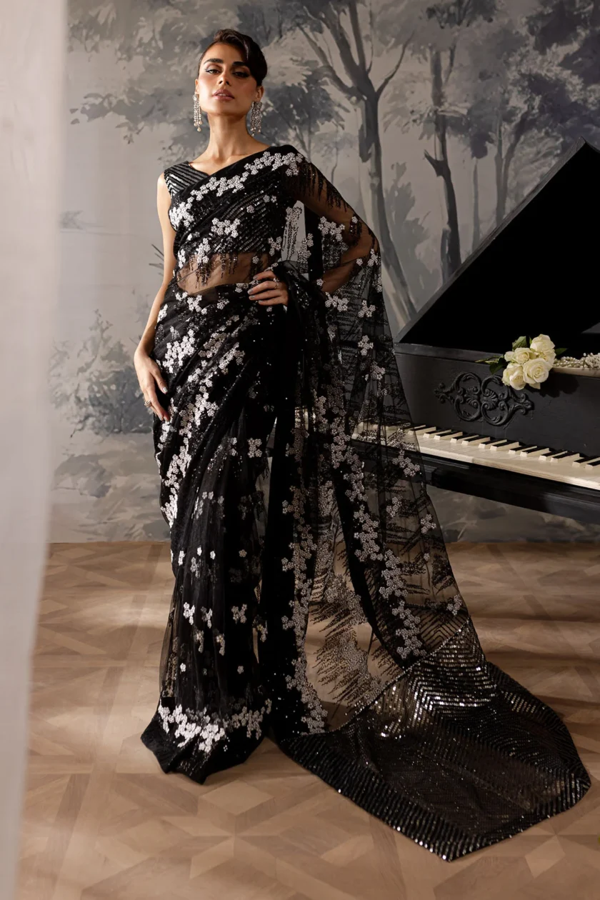 nr-elnr-01-840x1260 Nureh Elanora Unstitched Black 4 Piece Organza Dress - Image 1