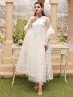 Stitched Embroidered White Organza Dress - Image 3