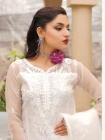 Stitched Embroidered White Organza Dress - Image 4