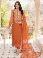 Stitched Embroidered Orange Organza Dress