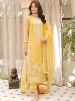 Stitched Embroidered Yellow Organza Dress - Image 4