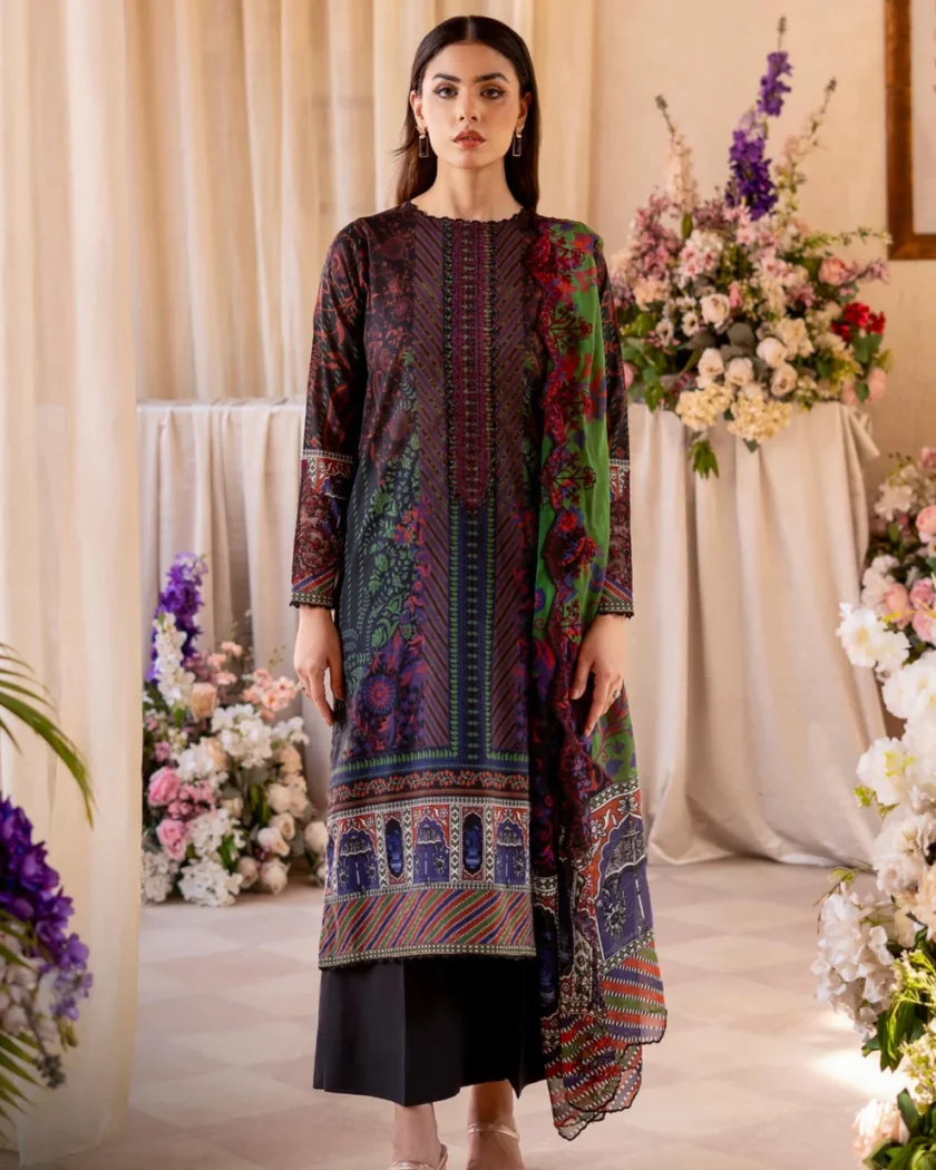 unstitched-3pc-printed-embroidered-lawn-dress-by-gulljee-rp912-840x1050 Unstitched 3Pc Printed Embroidered Lawn Dress Rang Pasand by GullJee RP912 - Image 1