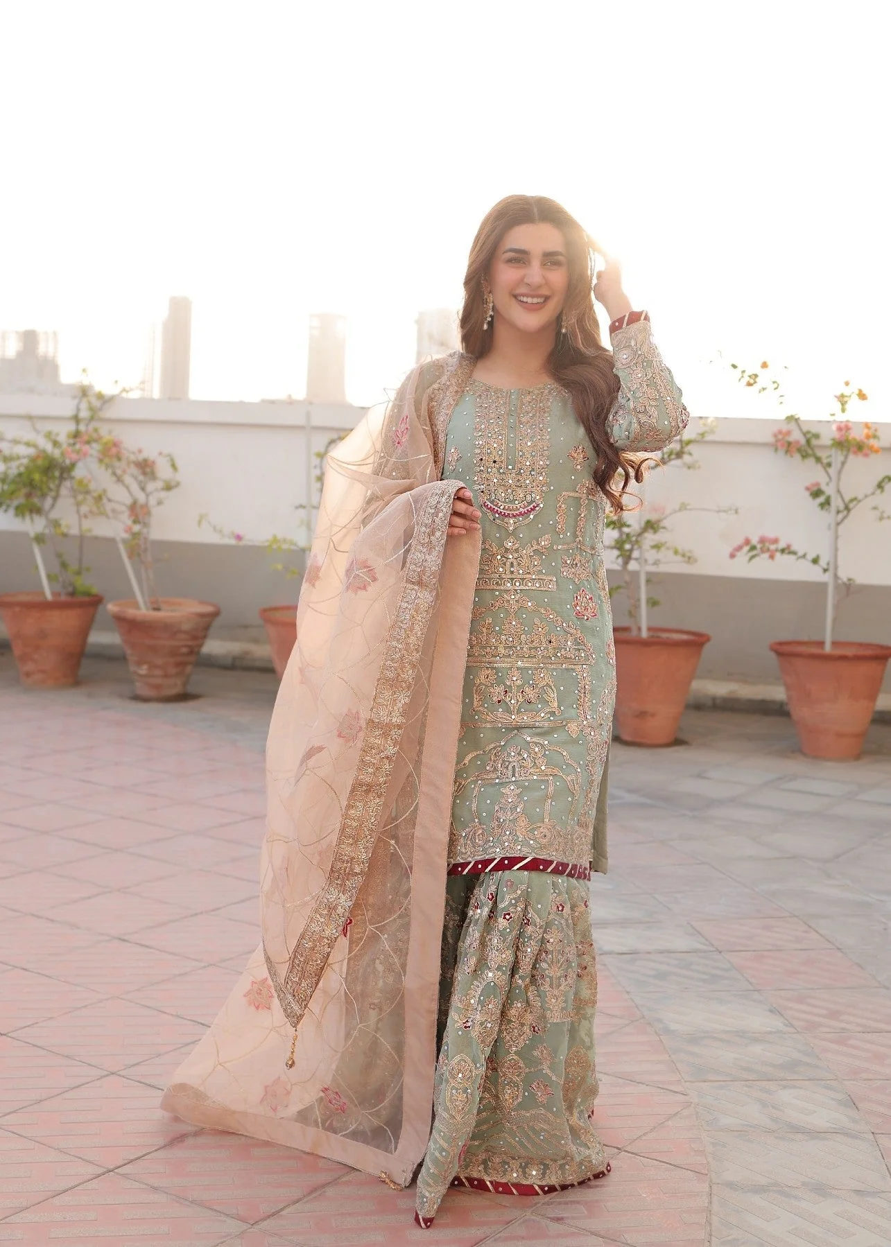 cropped_image-172985983209405_1a97523d-5c24-4dc2-be52-c271024811f7 Moss Green Chiffon Gharara Set – Elegant Wedding Look - Image 1